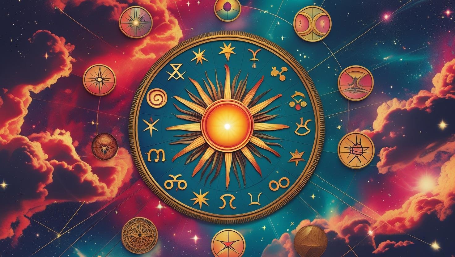 Creat a poster on astrological signs and symbols and in middle a bright sun (4)