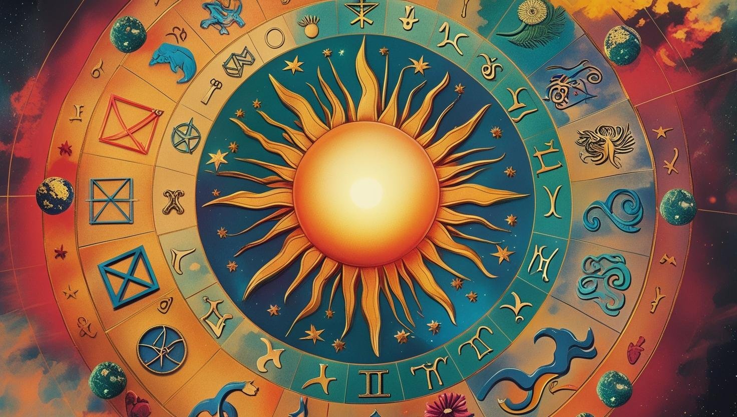 Creat a poster on astrological signs and symbols and in middle a bright sun (6)